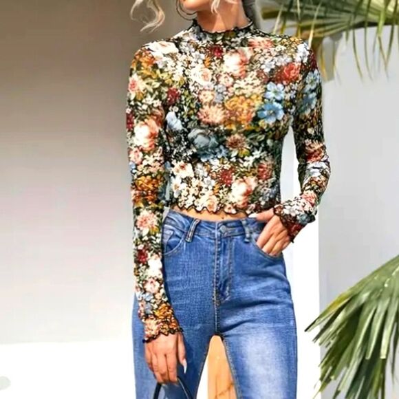 Super cute Vintage Floral Long Sleeve Tee crop Lettuce Trim sz XXL - Picture 2 of 4